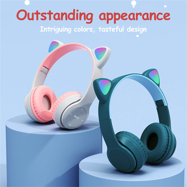 P47 Kids Headphones With Cat Ear RGB Led Light Up Foldable Over-Ear Headphones With AUX 3.5mm Wirel K484-PEL_0QJ6S78N