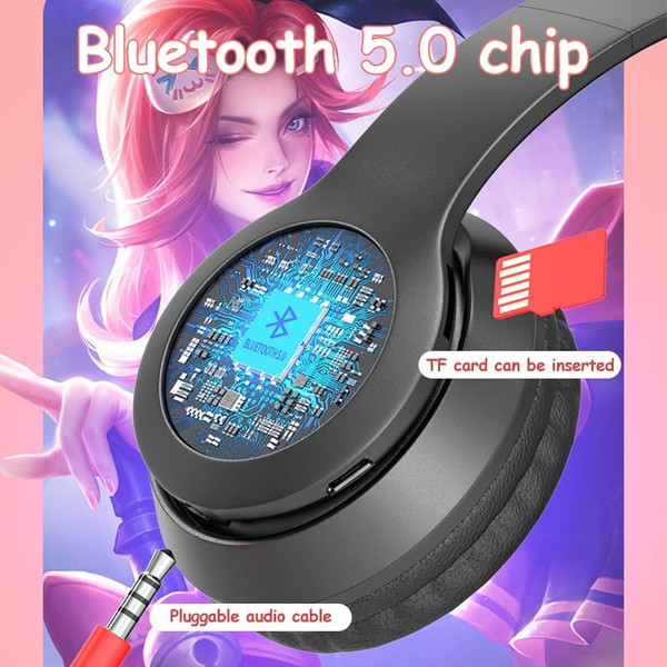 P47m Bluetooth 5.0 Headphones Big Cat Ear Wire-controlled Gaming Headset Hifi Sports Earphones black K484-PEL_0POS2385