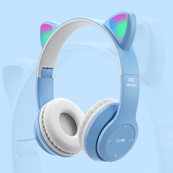 P47m Cute Cat Ears Luminous Head-mounted Headphones Wireless Bluetooth Game Headset pink K484-FQZCO_C832NTHI