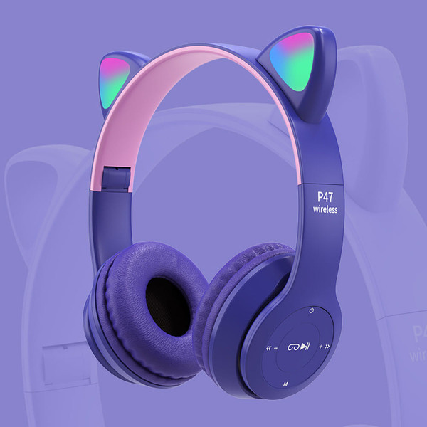 P47m Cute Cat Ears Luminous Head-mounted Headphones Wireless Bluetooth Game Headset pink K484-FQZCO_C832NTHI