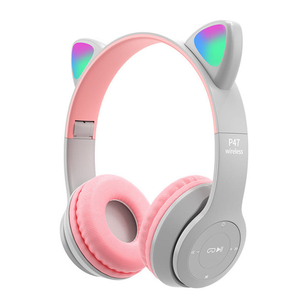 P47m Bluetooth 5.0 Headphones Big Cat Ear Wire-controlled Gaming Headset Hifi Sports Earphones grey K484-PEL_0POS7JX6