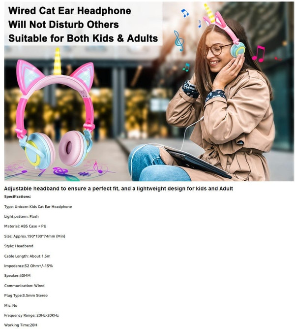 Cute Kids Cat Ear Headphones Wired Adjustable for Boys Girls Tablet Kids Headband Earphone Foldable K484-PEL_09FUB0GL