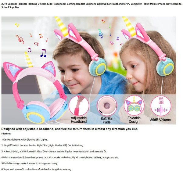 Cute Kids Cat Ear Headphones Wired Adjustable for Boys Girls Tablet Kids Headband Earphone Foldable K484-PEL_09FUB0GL