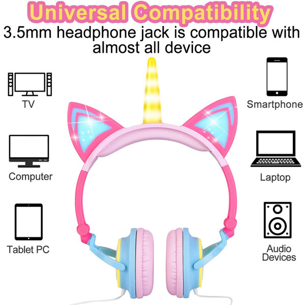 Cute Kids Cat Ear Headphones Wired Adjustable for Boys Girls Tablet Kids Headband Earphone Foldable K484-PEL_09FUB0GL