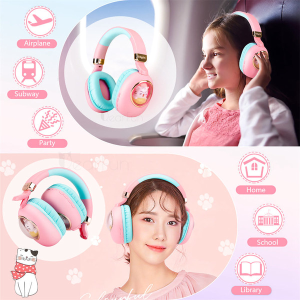 Kids Headphones With Mic LED Light Up 3D Cat Wireless Kids Headphones Adjustable Headband Over Ear  K484-PEL_0QNAH4FH