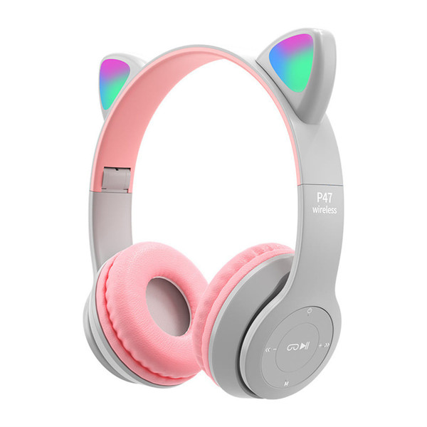P47 Kids Headphones With Cat Ear RGB Led Light Up Foldable Over-Ear Headphones With AUX 3.5mm Wirel K484-PEL_0QJ631BN