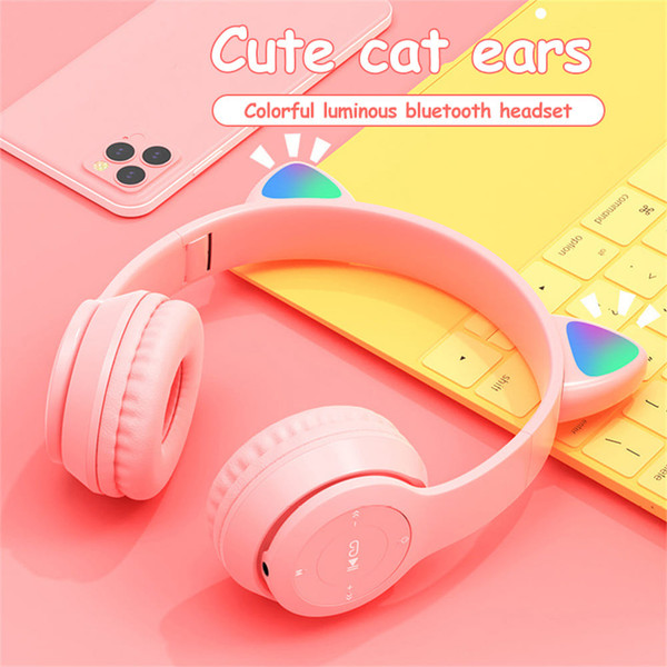 P47 Kids Headphones With Cat Ear RGB Led Light Up Foldable Over-Ear Headphones With AUX 3.5mm Wirel K484-PEL_0QJ631BN