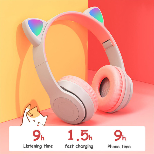 P47 Kids Headphones With Cat Ear RGB Led Light Up Foldable Over-Ear Headphones With AUX 3.5mm Wirel K484-PEL_0QJ631BN