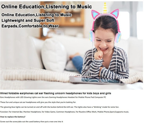 Cute Kids Cat Ear Headphones Wired Adjustable for Boys Girls Tablet Kids Headband Earphone Foldable K484-PEL_09FUTM7A
