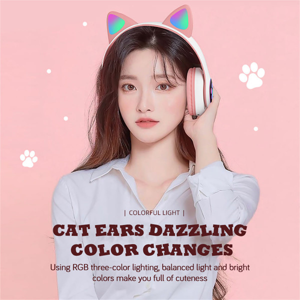 Cute Cat Ears Wireless Headphones with Mic Stereo Music Gaming Led RGB Bluetooth Headset Purple K484-PEL_0MYFB7UR