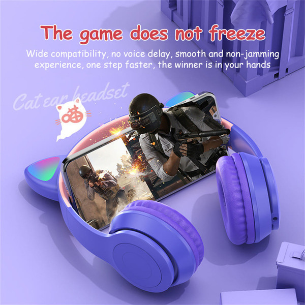 P47 Kids Headphones With Cat Ear RGB Led Light Up Foldable Over-Ear Headphones With AUX 3.5mm Wirel K484-PEL_0QJ6Z2FM