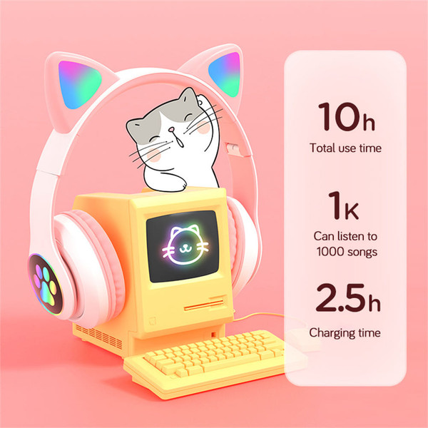 Cute Cat Ears Wireless Headphones with Mic Stereo Music Gaming Led RGB Bluetooth Headset Black K484-PEL_0MYFZLCA
