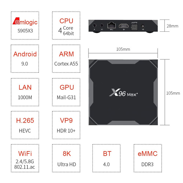 X96 max plus Smart TV Box Amlogic Android 9.0 Quad Core 4G 32G/64G 2.4G/5.0G Dual WIIF BT4.0 8K HD  K484-PEL_0G97UHAW