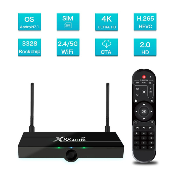 X88 4G Lte TV Box Android 9.0 2GB RAM 16GB Google Voice Assistant RK3328 4K Quad Core With SIM Card K484-PEL_0AB6F3I2