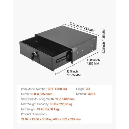 3U Rack Mount Drawer, 50 lbs Max Load-Bearing, Lockable Server Cabinet Case, Sliding Drawer with Lo E415-JJCT3U118INCSY6M9001V0