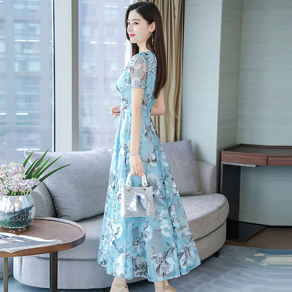 US Women Summer Short Sleeve Flower Pattern Casual Long Dress Light blue XL K484-PBY_0EPHAKKQ_US