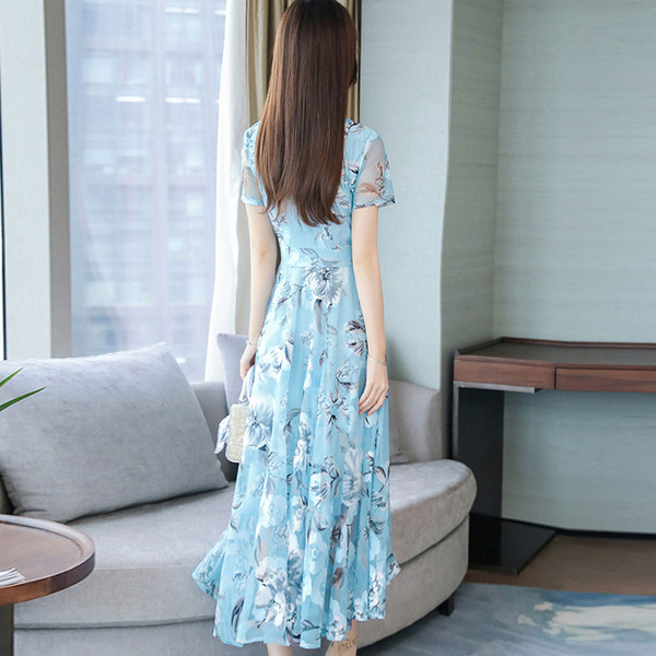 US Women Summer Short Sleeve Flower Pattern Casual Long Dress Light blue XL K484-PBY_0EPHAKKQ_US