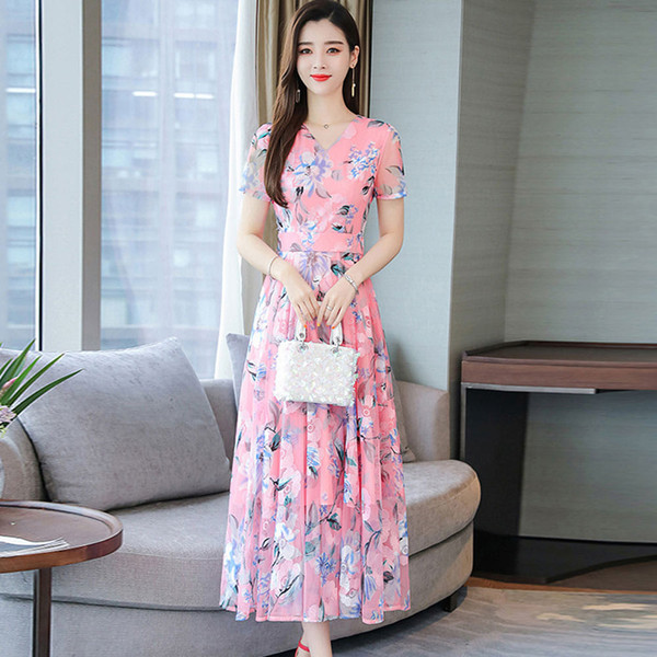 US Women Summer Short Sleeve Flower Pattern Casual Long Dress Light blue XL K484-PBY_0EPHAKKQ_US