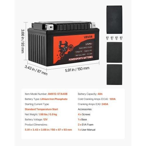 Motorcycle Battery, 12 Volt 4Ah, LiFePO4 Lithium Pre-Charged Powersports Battery, Maintenance Free  E415-LSTLMTCDLDC1XBVRE001V9