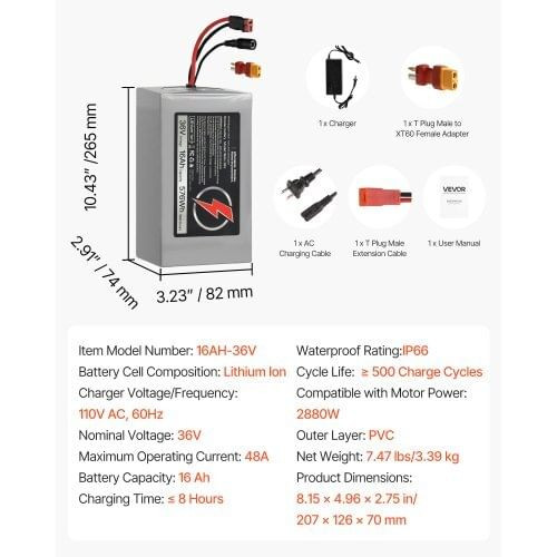36V Electric Scooter Battery, 16Ah, Ebike Lithium Battery Pack with 30A BMS, Charger, T-Plug Expans E415-DDHBCDC36V16Q06PS001V1