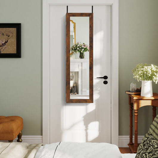 Wall or Door Mounted Jewelry Cabinet with Full-Length Mirror and LED Lights-Rustic Brown - Color: R D681-JV13329FG