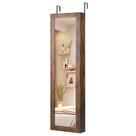 Wall or Door Mounted Jewelry Cabinet with Full-Length Mirror and LED Lights-Rustic Brown - Color: R D681-JV13329FG