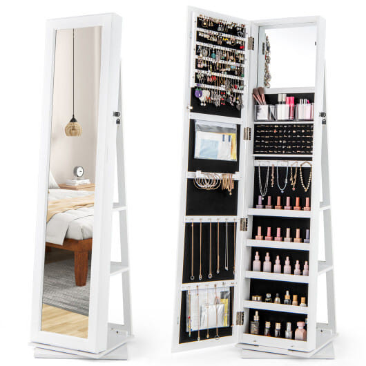 360?° Swivel Jewelry Armoire Standing Jewelry Organizer with Full Length Mirror and Back Shelves-Wh D681-JV12477WH