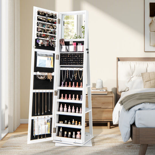360?° Swivel Jewelry Armoire Standing Jewelry Organizer with Full Length Mirror and Back Shelves-Wh D681-JV12477WH