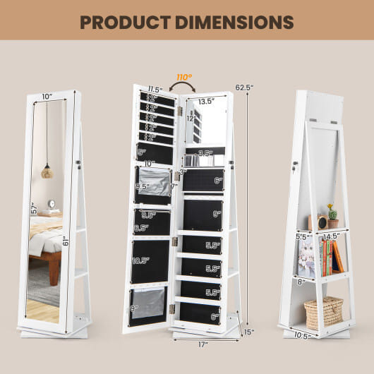 360?° Swivel Jewelry Armoire Standing Jewelry Organizer with Full Length Mirror and Back Shelves-Wh D681-JV12477WH