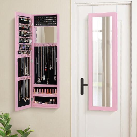 Jewelry Cabinet Wall or Door Mounted Jewelry Armoire Modern Hanging Jewelry Organizer-Pink - Color: D681-JV13272PI
