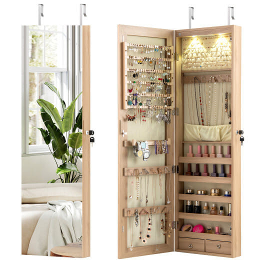 Wall and Door Mounted Mirrored Jewelry Cabinet with Lights-Natural - Color: Natural D681-JV11889YM