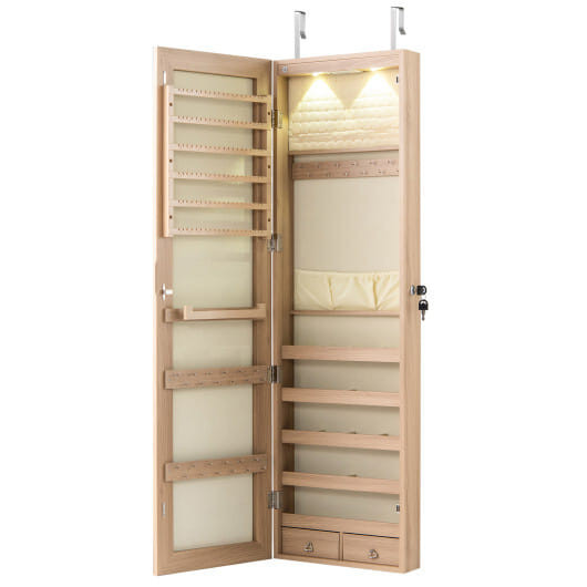 Wall and Door Mounted Mirrored Jewelry Cabinet with Lights-Natural - Color: Natural D681-JV11889YM
