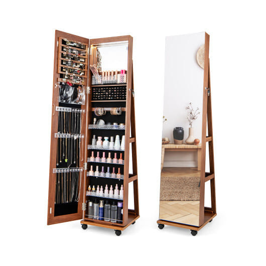 64 Inches Lockable Jewelry Cabinet Armoire with Built-in Makeup Mirror-Brown - Color: Brown D681-JV11245BN