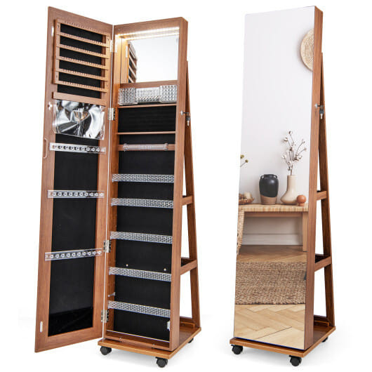 64 Inches Lockable Jewelry Cabinet Armoire with Built-in Makeup Mirror-Brown - Color: Brown D681-JV11245BN