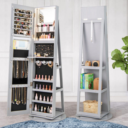 360?° Rotating Mirrored Jewelry Cabinet Armoire 3 Color LED Modes Lockable-Gray - Color: Gray D681-JV10430GR