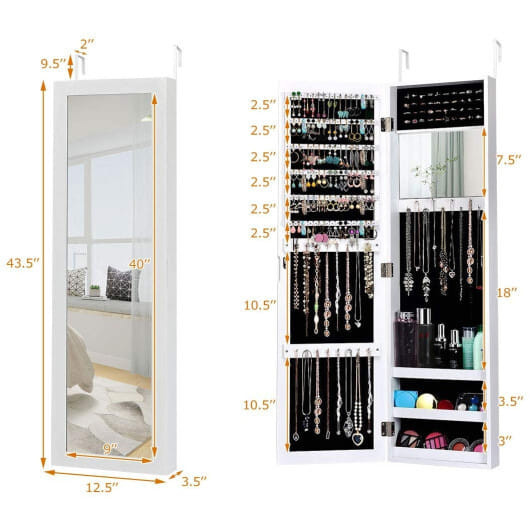 Full Length Mirror Jewelry Cabinet with Ring Slots and Necklace Hooks-White - Color: White D681-JV10821WH
