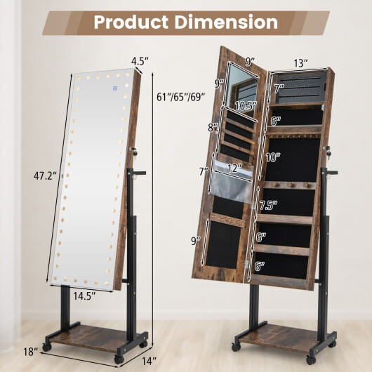 3-Color 46 LED Lights? Mirror Jewelry Cabinet Armoire Adjustable Height with Wheels-Brown - Color:  D681-JV11239CF