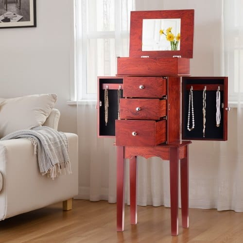 Jewelry Cabinet Armoire, Standing Wood Jewelry Storage Chest with 3 Drawers, Flip Top Mirror, 4 Top E415-LSSSH7000080XNMXS001V0