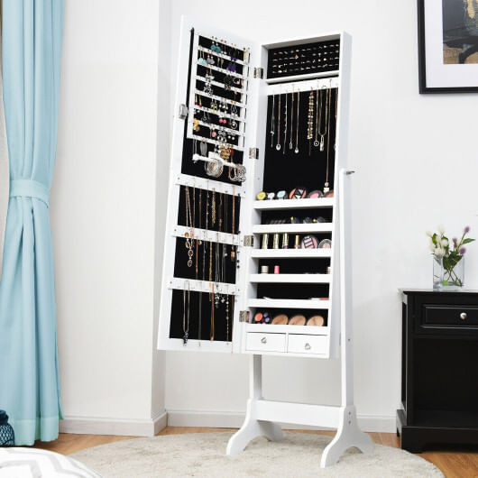 Lockable Mirrored Jewelry Cabinet Armoire Storage Organizer Box-White - Color: White D681-JV10770WH