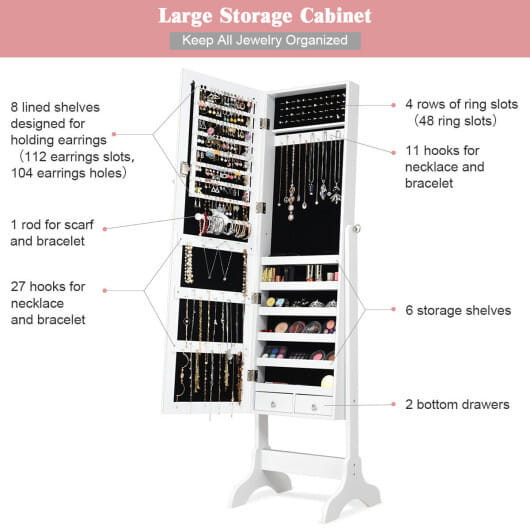 Lockable Mirrored Jewelry Cabinet Armoire Storage Organizer Box-White - Color: White D681-JV10770WH