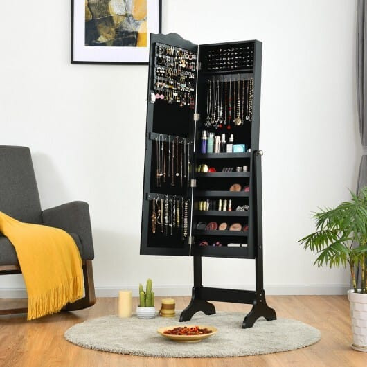 Mirrored Lockable Jewelry Cabinet Armoire Organizer Storage Box-Black - Color: Black D681-JV10088BK