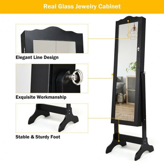 Mirrored Lockable Jewelry Cabinet Armoire Organizer Storage Box-Black - Color: Black D681-JV10088BK