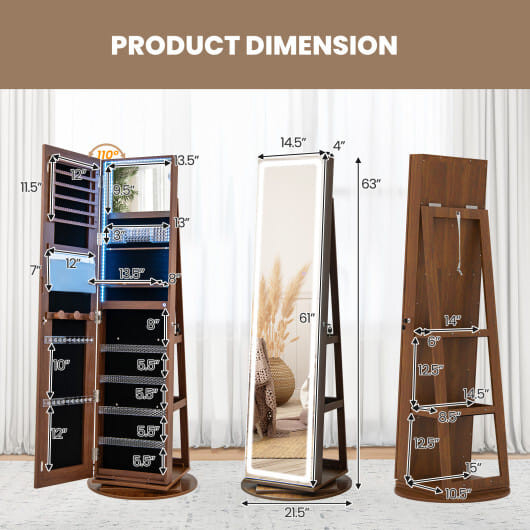 Standing Jewelry Cabinet with Adjustable LED Lights-Brown - Color: Brown D681-JV11246US-BN