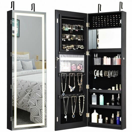 Mirrored Jewelry Armoire with Full Length Mirror and 2 Internal LED Lights-Black - Color: Black D681-HW65936BK