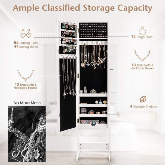 Mirrored Standing Jewelry Cabinet Storage Box-White - Color: White D681-HW66419WH