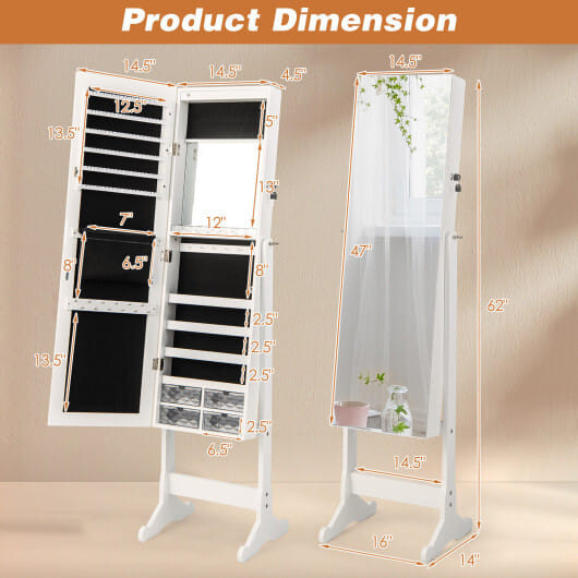 Free Standing Full Length Jewelry Armoire with LED Lights-White - Color: White D681-JV10604WH