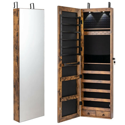 Wall and Door Mounted Mirrored Jewelry Cabinet with Lights-Rustic Brown - Color: Rustic Brown D681-HW59104FG