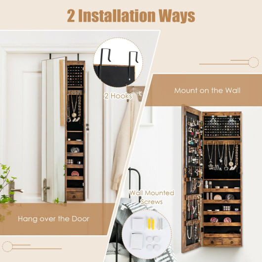 Wall and Door Mounted Mirrored Jewelry Cabinet with Lights-Rustic Brown - Color: Rustic Brown D681-HW59104FG