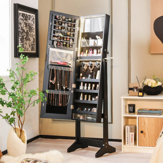 Freestanding Jewelry Cabinet with Full Length HD Mirror-Black - Color: Black D681-JV10468BK