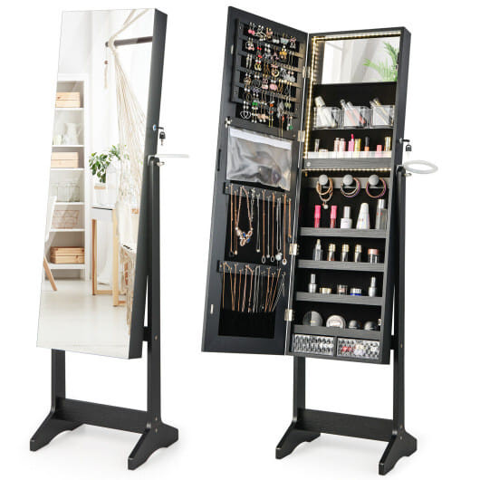 Freestanding Jewelry Cabinet with Full Length HD Mirror-Black - Color: Black D681-JV10468BK